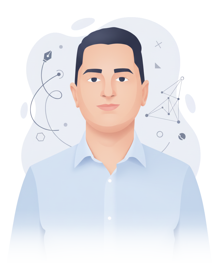 Portrait illustration of Stefan Davchev surrounded by digital design elements